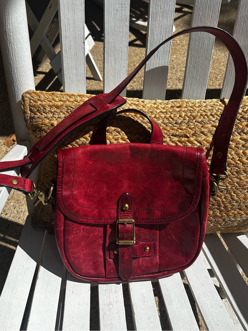 FRYE Parker Distressed Leather Crossbody Saddle Bag Cherry Red distressed